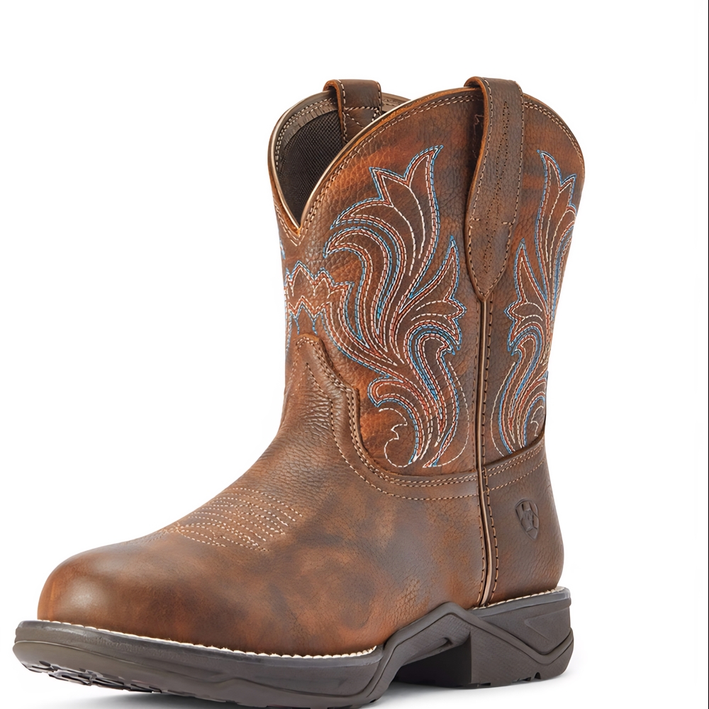 Ariat Anthem Round Toe Shortie Leather Boots with Blue Embroidery
